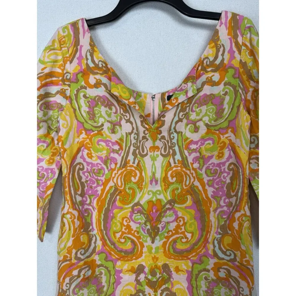 J. Crew Shift Dress Women’s 0 Linen 3/4 Sleeve Mod Paisley‎ Retro Hippie READ